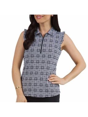 IBKUL Pricilla Sleeveless Zip Golf Black White Geometric Pattern Ruffle Top L